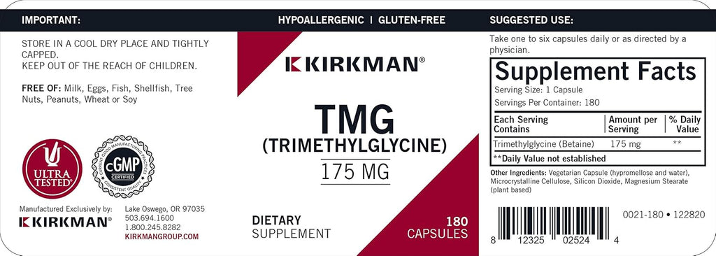 Kirkman - TMG (Trimetilglicina) 175 mg - 180 Cápsulas