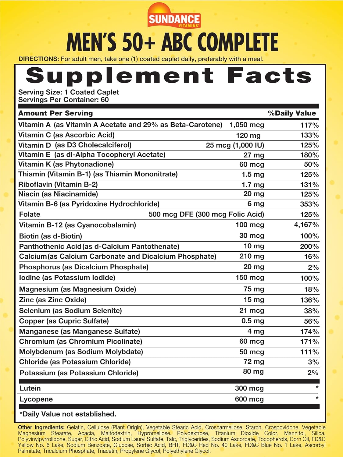 Sundance Multivitamínico para Hombres 50+ Comprimidos | con Vitaminas A, C, E, B6, B12 | Fórmula Multimineral | No Transgénico y Sin Gluten
