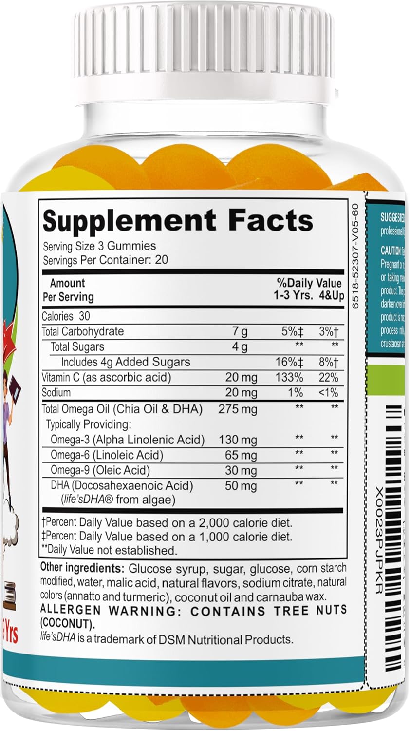 Ez-Focus Gominolas para Niños y Adolescentes – Apoyo al Enfoque Cerebral, Memoria y Concentración, DHA y Omega-3, 60 gominolas