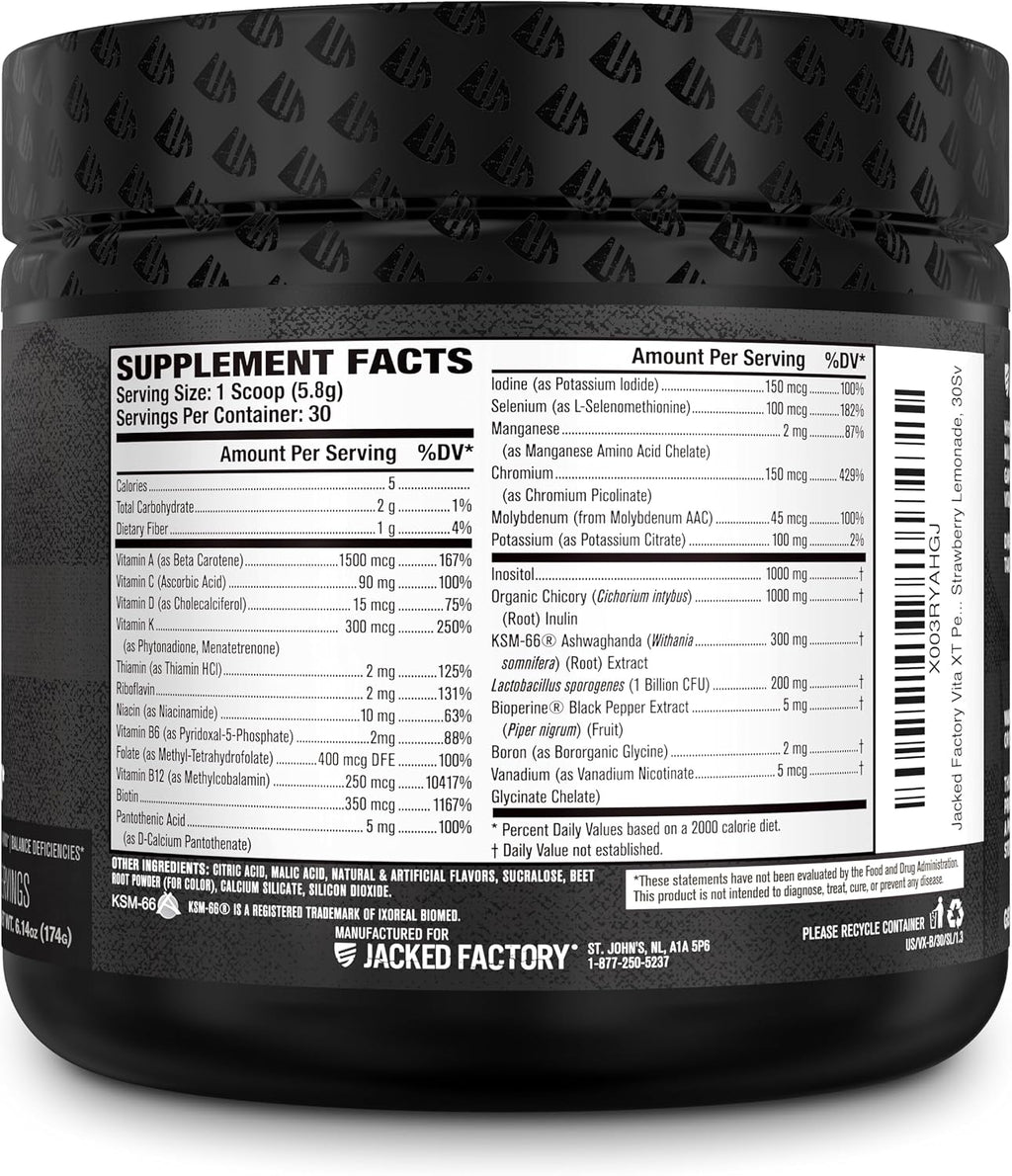Jacked Factory Vita XT Performance Vitamin Powder - Multivitamínico en polvo para hombres con KSM-66 Ashwagandha, fibra prebiótica, vitaminas A, C, D, K, B6, B12 y más - Sabor limonada de fresa, 30 dosis