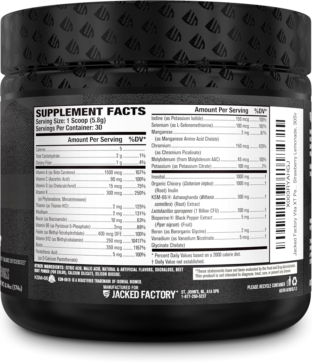 Jacked Factory Vita XT Performance Vitamin Powder - Multivitamínico en polvo para hombres con KSM-66 Ashwagandha, fibra prebiótica, vitaminas A, C, D, K, B6, B12 y más - Sabor limonada de fresa, 30 dosis
