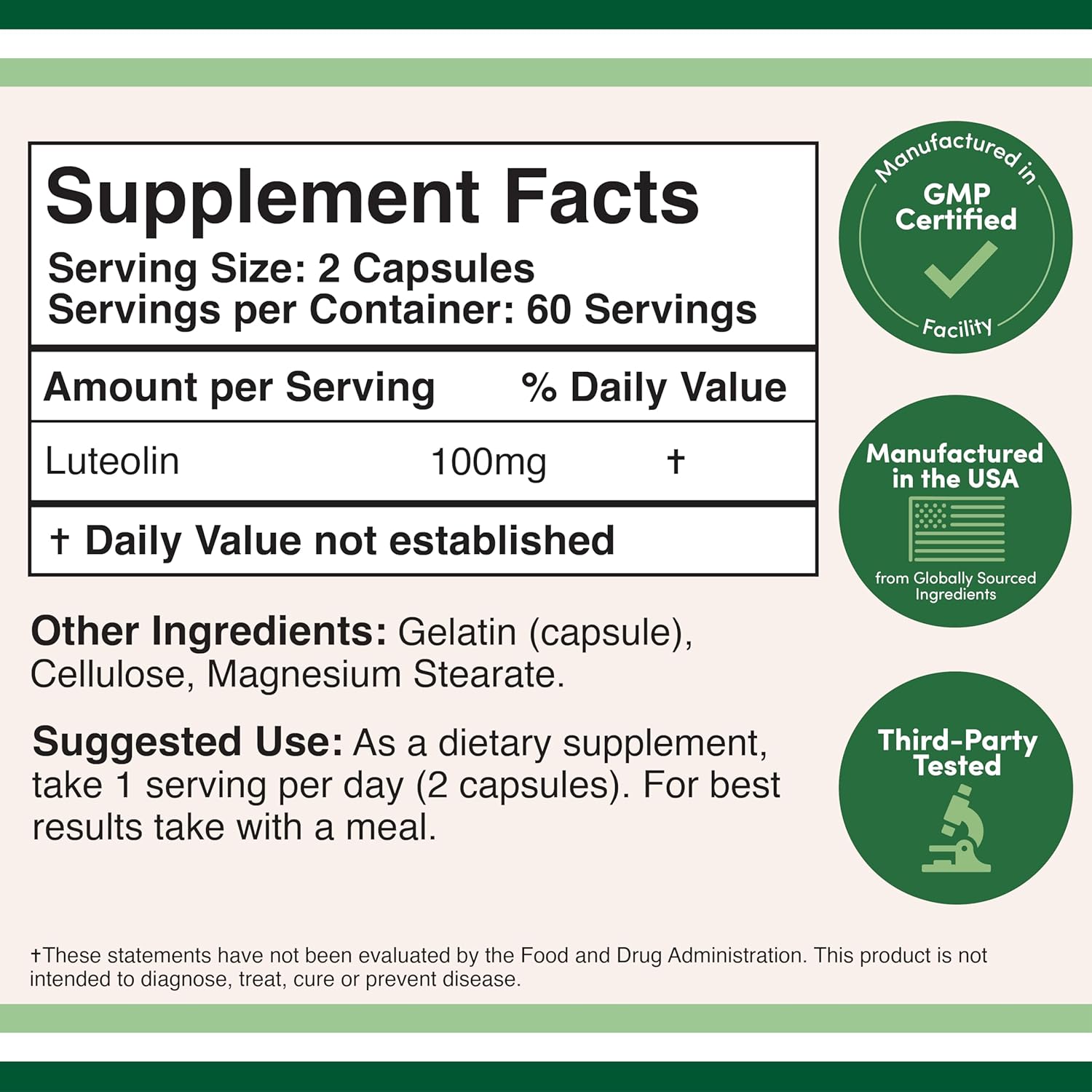 Double Wood Supplements Luteolina 100mg - 120 Cápsulas (60 Dosis) - Flavonoides Bioactivos Sin Gluten