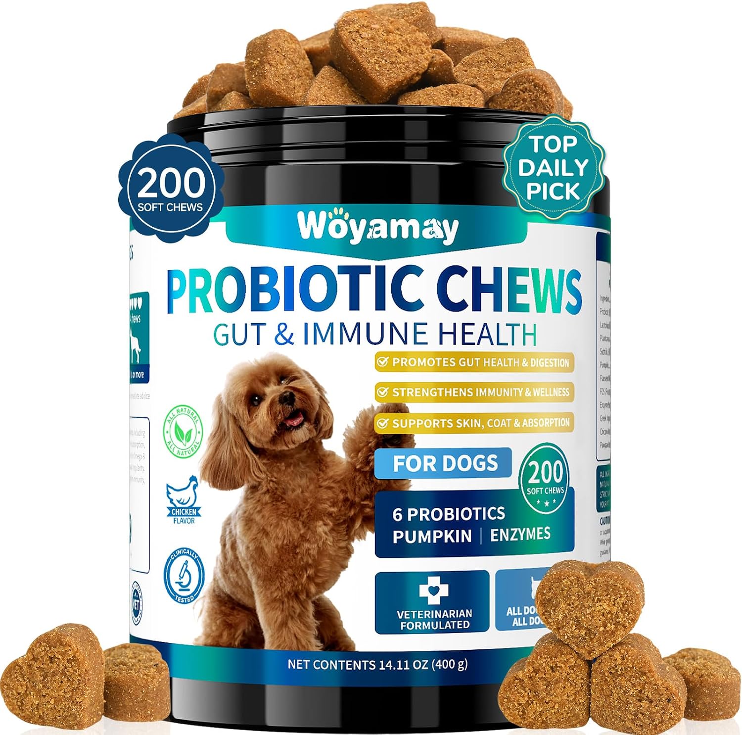 Woyamay Probióticos para Perros, 200 Snacks Blandos - Salud Digestiva e Inmunidad