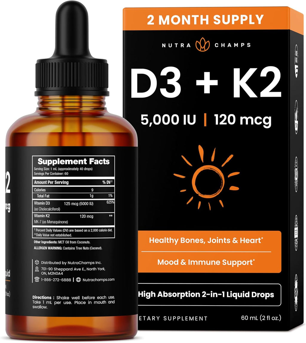 NutraChamps Vitamin D3 K2 Gotas, 5000 UI D3 + K2 MK-7, Líquido Sin Sabor