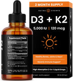 NutraChamps Vitamin D3 K2 Gotas, 5000 UI D3 + K2 MK-7, Líquido Sin Sabor