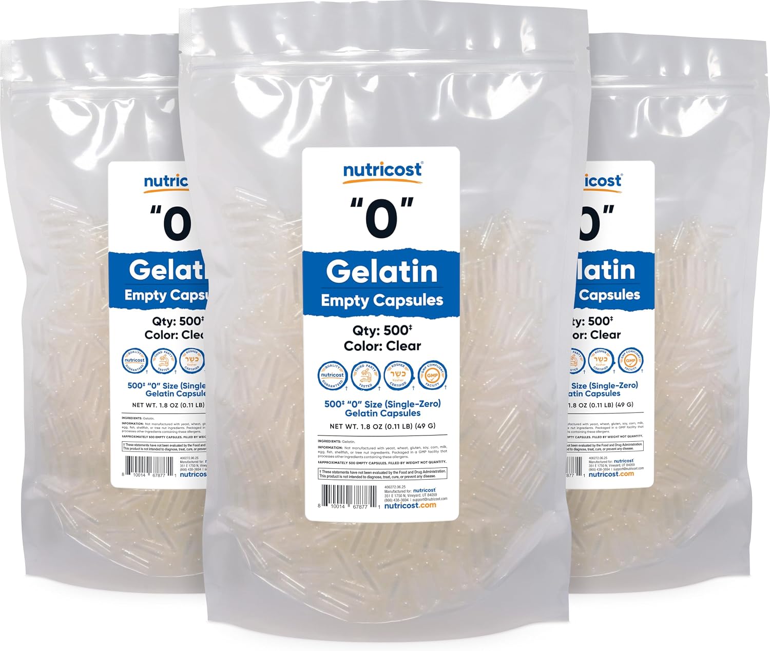 Nutricost Cápsulas Vacías de Gelatina Tamaño 0 - 500 Cápsulas Transparentes - Kosher, No GMO, Sin Soja, Sin Gluten