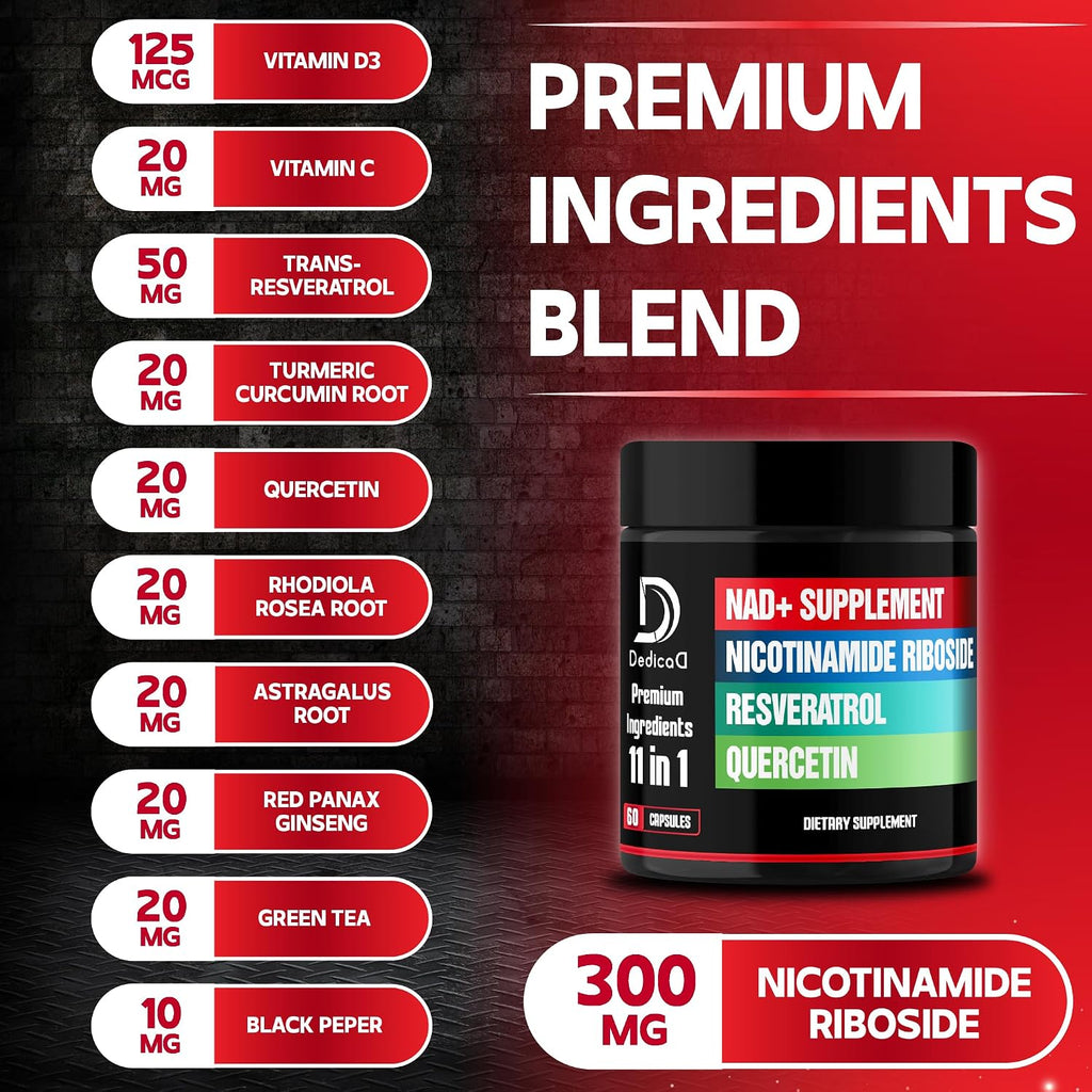 DEDICAD 11in1 NAD Supplement - Nicotinamida Ribósido, Quercetina, Resveratrol y 8 Más - 60 Cápsulas (2 Meses)