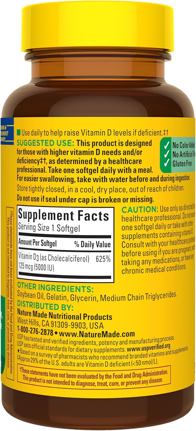 Nature Made Vitamina D3 5000 UI (125 mcg) – 90 Cápsulas Blandas