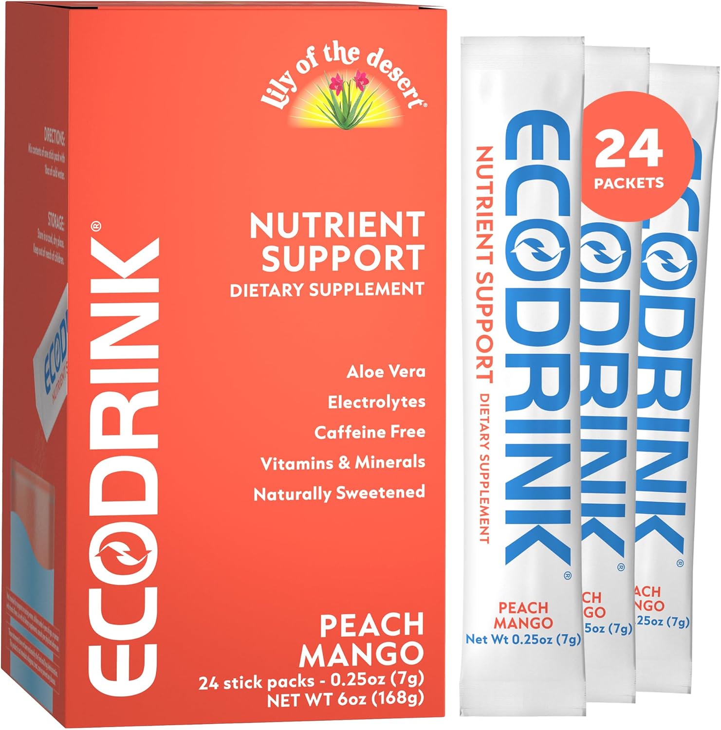 EcoDrink Hydration Packs with Nutritional Support, Peach Mango – Multivitamin Blend with Electrolytes & Aloe, 24 Packets
