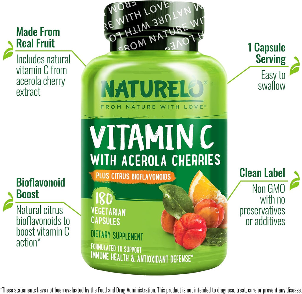 NATURELO Vitamina C con Extracto Orgánico de Acerola y Bioflavonoides Cítricos - Suplemento Vegano - 500 mg por Cápsula - 180 Cápsulas (Paquete de 2)