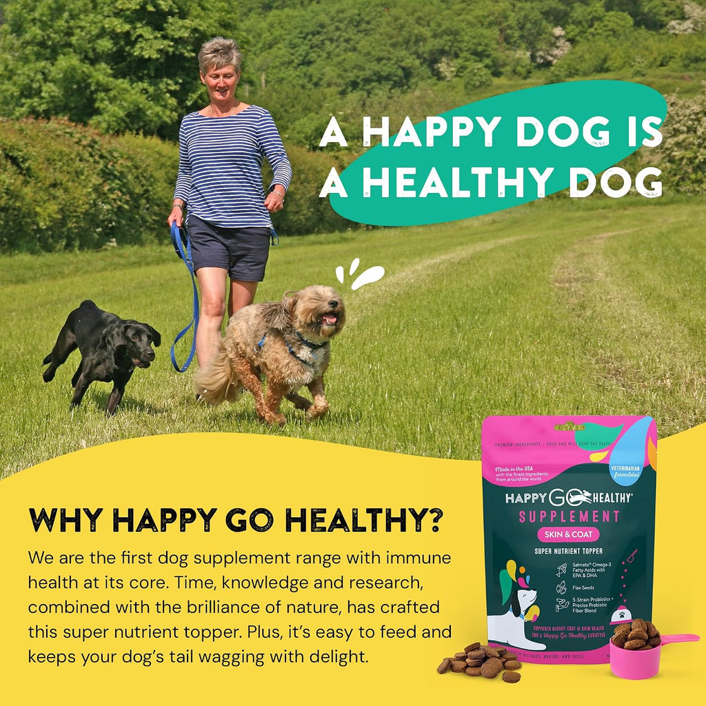 Happy Go Healthy Suplemento para Piel y Pelaje para Perros | Con Omega-3 y Probióticos | 21 porciones