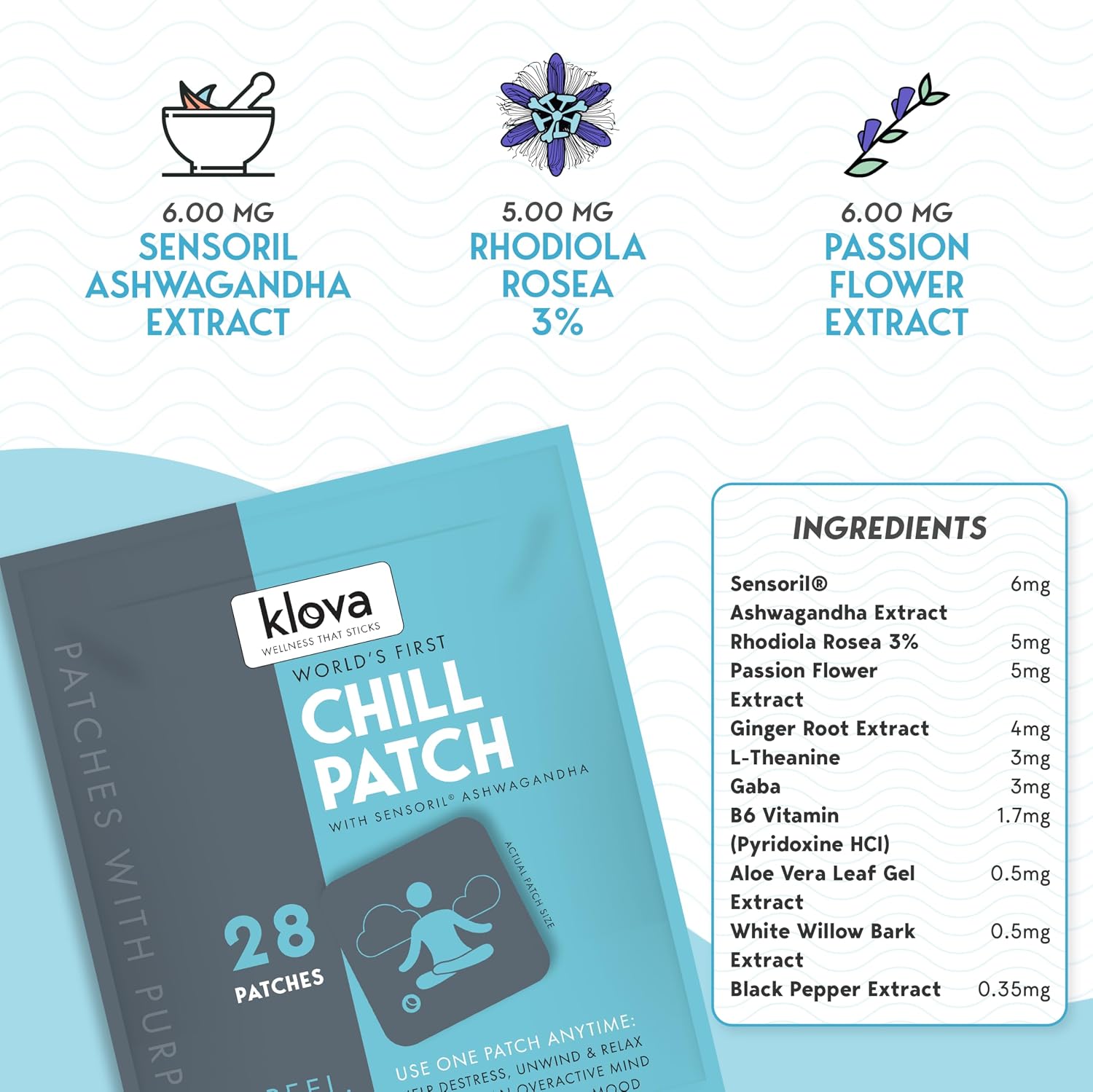Klova Chill Parches Transdérmicos con Ashwagandha Sensoril, Rhodiola Rosea, Pasiflora, Jengibre, L-Teanina y GABA para Relajación y Bienestar