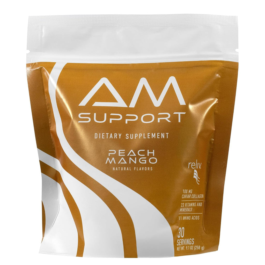 AM Support Mezcla Matutina de Nutrición – Cero Calorías Apoyo Nutricional GLP-1 con Vitaminas, Minerales, Aminoácidos, Fibra Prebiótica, Baobab, Ginseng y Colágeno Marino - Melocotón Mango - 30 Servicios