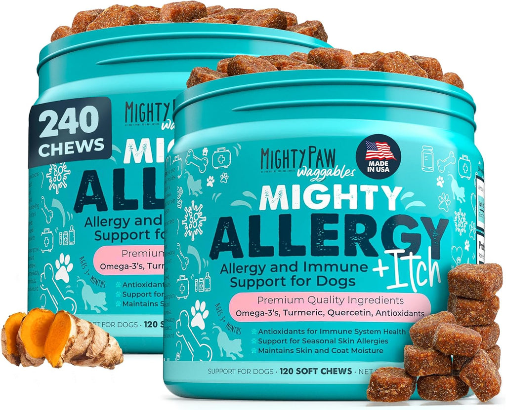 Mighty Paw Waggables Mighty Omega - 120 masticables de aceite de pescado con omega 3 para perros, sabor bacon