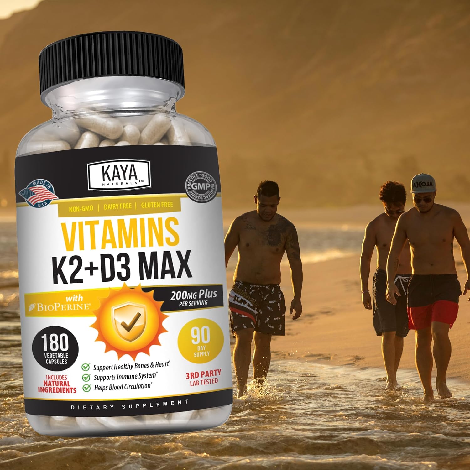 Kaya Naturals Vitaminas K2 con D3 5000IU Suplemento para Hombres y Mujeres - Cápsulas Fáciles de Tragar con Bioperina (180 Cápsulas)
