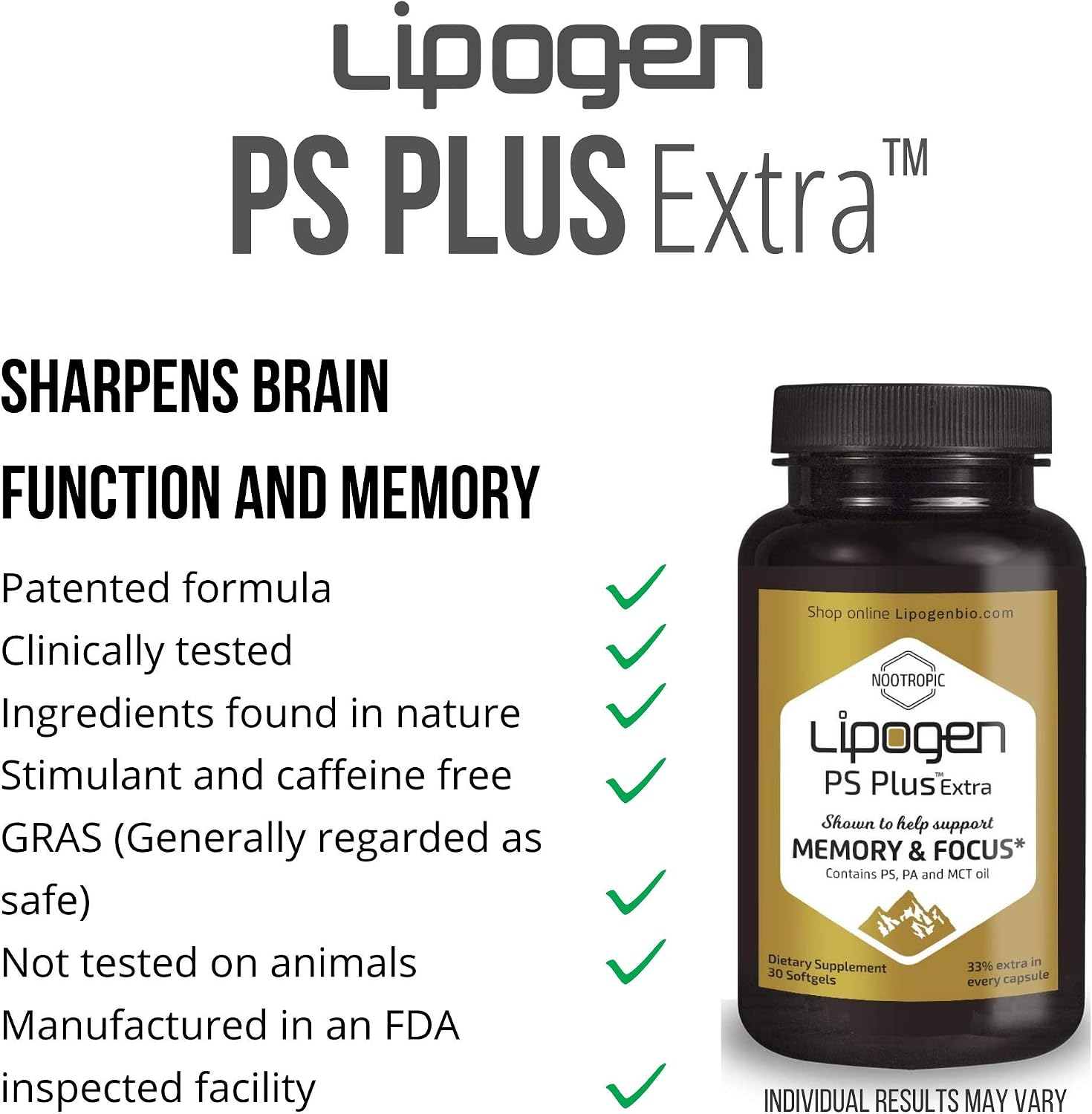 Lipogen PS Plus Extra - Suplemento de Fosfatidilserina 133mg - 30 Cápsulas Blandas