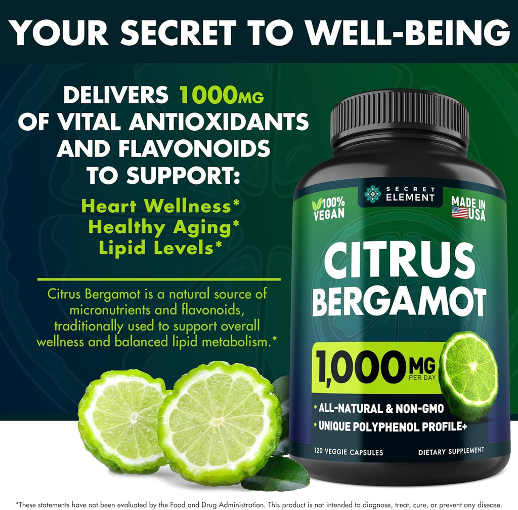 Citrus Bergamot Extract 1000mg – Cápsulas de Bergamota Cítrica para Bienestar Diario, Antioxidante, Sin Gluten, Vegano, 120 Cápsulas (Pack de 3)
