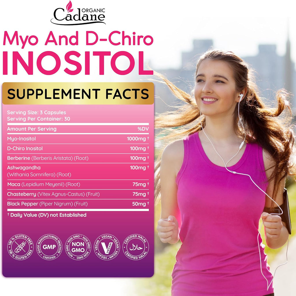 Organic Cadane Myo & D-Chiro Inositol Supplement con Ashwagandha, Maca, Chasteberry, Berberine y Black Pepper | 90 Cápsulas Veganas