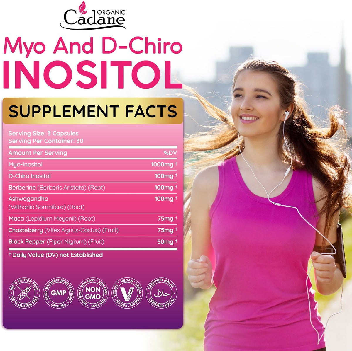 Organic Cadane Myo & D-Chiro Inositol Supplement con Ashwagandha, Maca, Chasteberry, Berberine y Black Pepper | 90 Cápsulas – Image 2