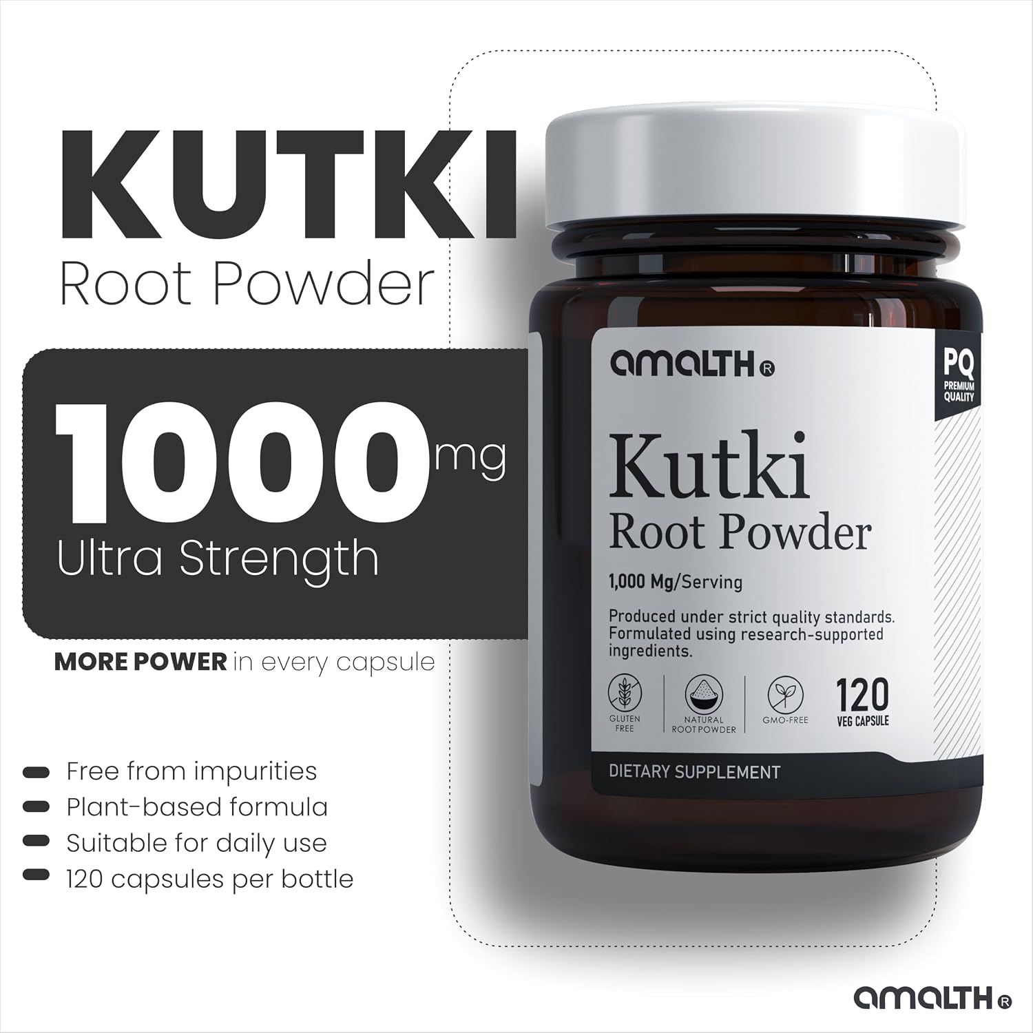 AMALTH Kutki Capsules 1000 mg | Extracto de Raíz de Kutki | Picrorhiza Kurroa | 120 Cápsulas Veganas