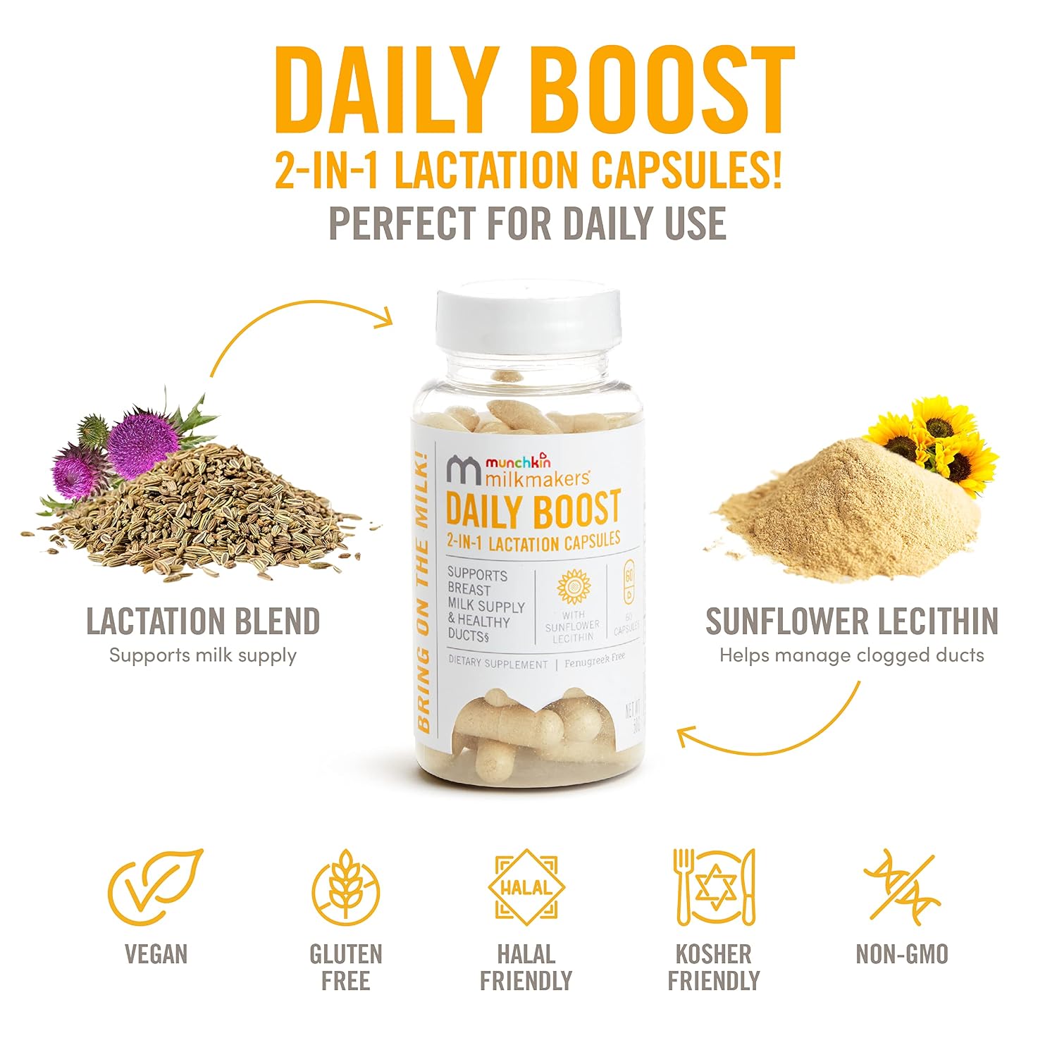 Munchkin® Milkmakers® Daily Boost 2 en 1 Suplemento para la Lactancia - Sin Fenogreco, 60 Cápsulas