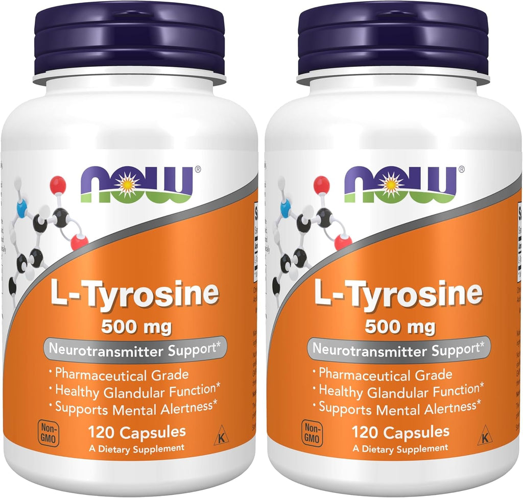 NOW Foods L-Tyrosine 500mg, 300 Cápsulas (Pack de 2) - Suplemento No Transgénico