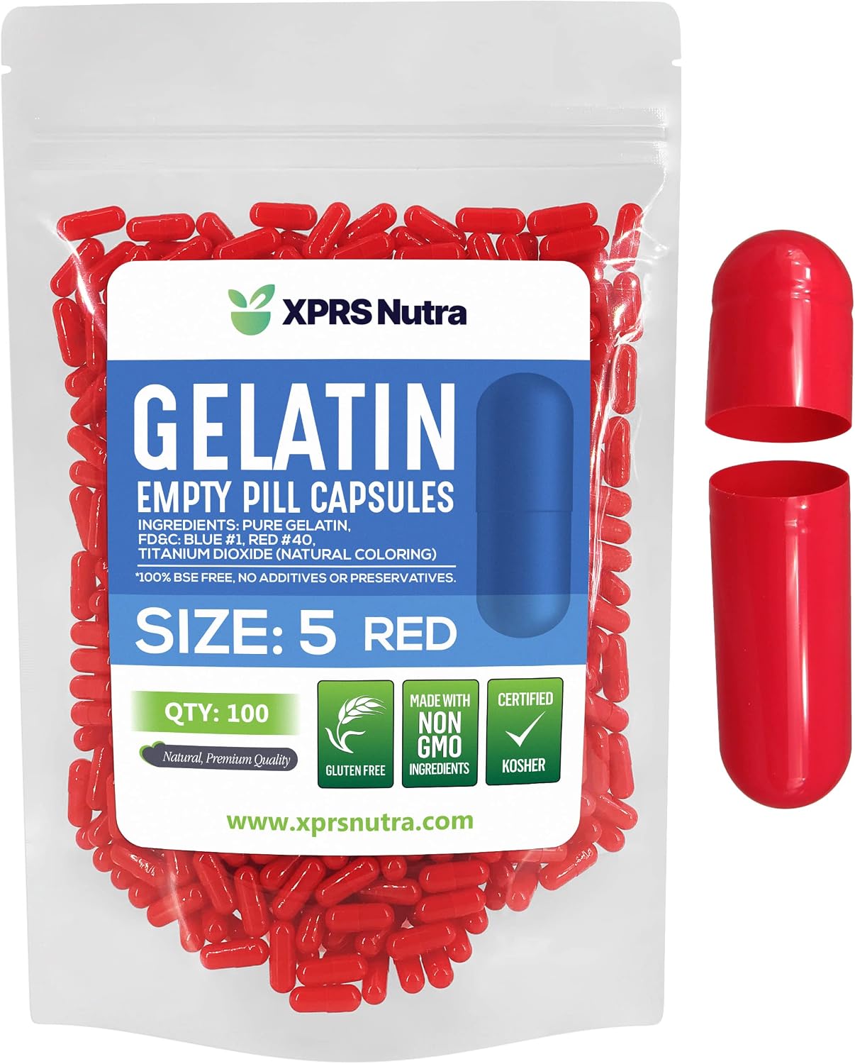 XPRS Nutra Cápsulas Vacías Tamaño 5 - 100 uds. Cápsulas de Gelatina Bovina para Rellenar (Rojo)