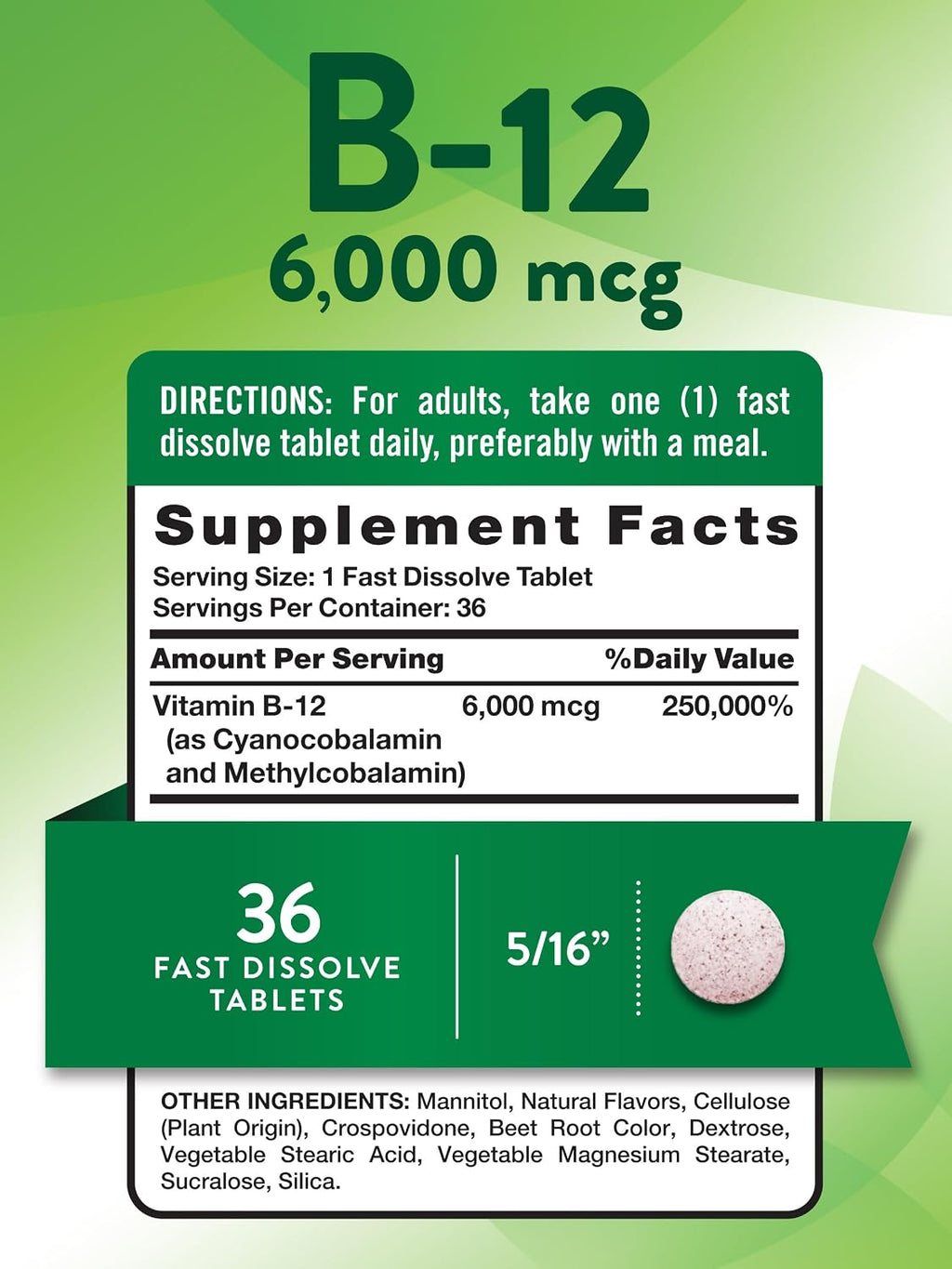 Nature's Truth Vitamina B12 6000 mcg Metilcobalamina | 36 Tabletas | Disolución Rápida Sabor Bayas | Vegano, Sin Gluten y No OGM