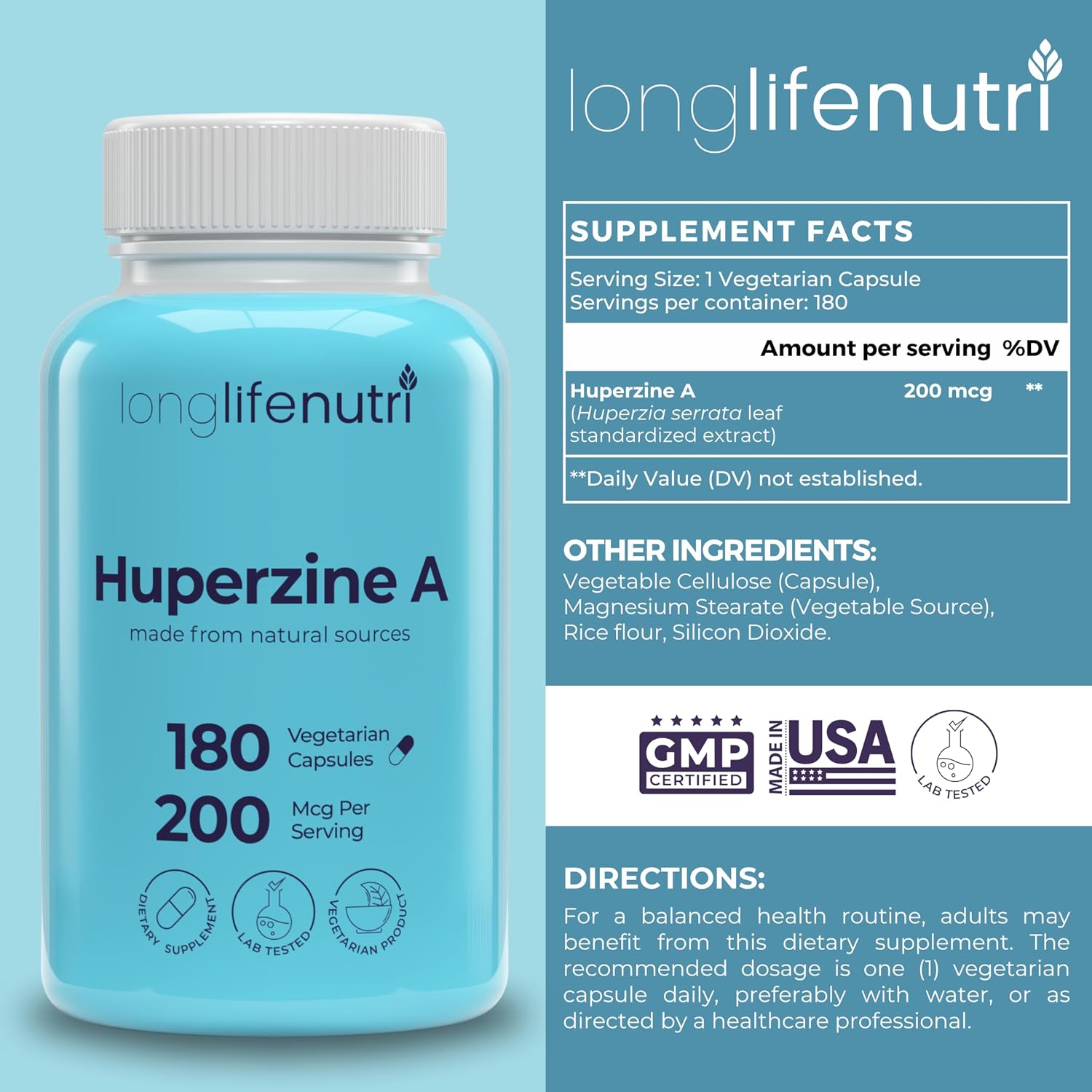 LongLifeNutri Huperzina A 200mcg - 180 Cápsulas Vegetarianas