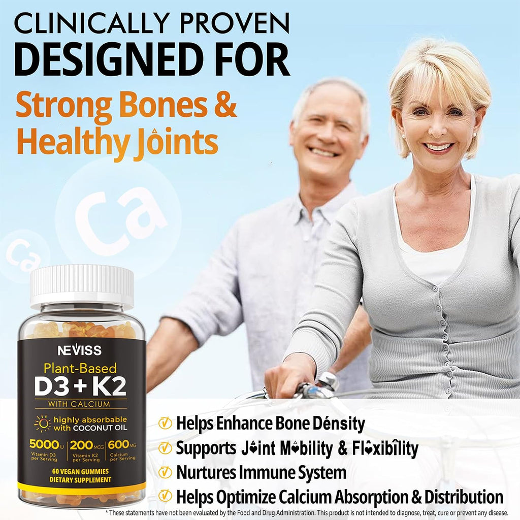 Vitamin D3 K2 Bear Gummies - Vitamina D3 5000 UI, K2 200 mcg + Calcio 600 mg para Adultos, Vegano, 60 Gominolas