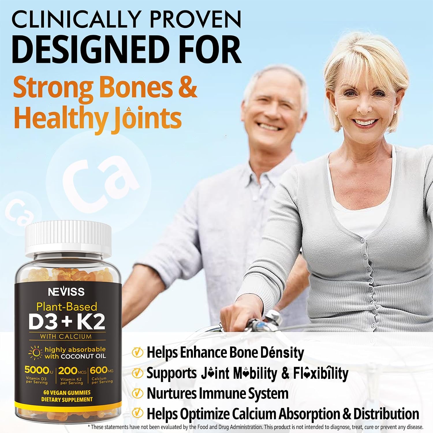 Vitamin D3 K2 Bear Gummies - Vitamina D3 5000 UI, K2 200 mcg + Calcio 600 mg para Adultos, Vegano, 60 Gominolas