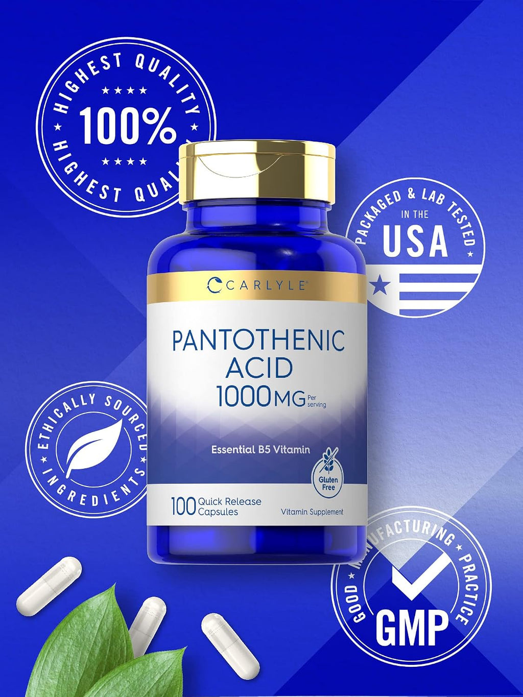 Carlyle Ácido Pantoténico Vitamina B5, 1000 mg, 100 Cápsulas - Sin OGM, Sin Gluten