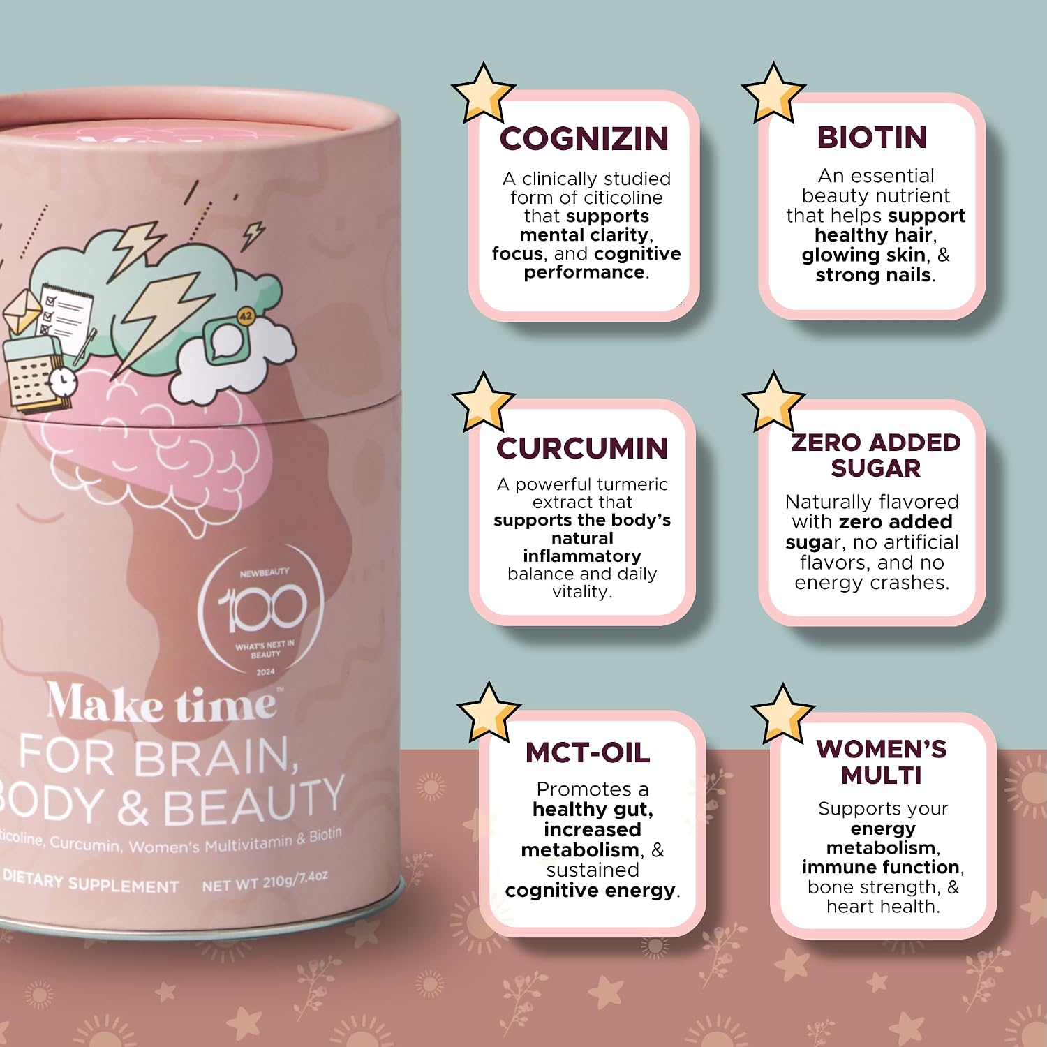 MAKE TIME Brain Health Powder - Suplemento en Polvo para Mujer (Salud Cerebral, Energía y Belleza) - 7.4 oz (30 raciones)