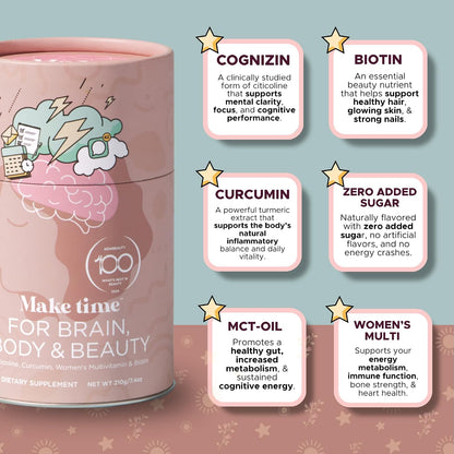 MAKE TIME Brain Health Powder - Suplemento en Polvo para Mujer (Salud Cerebral, Energía y Belleza) - 7.4 oz (30 raciones) – Image 2