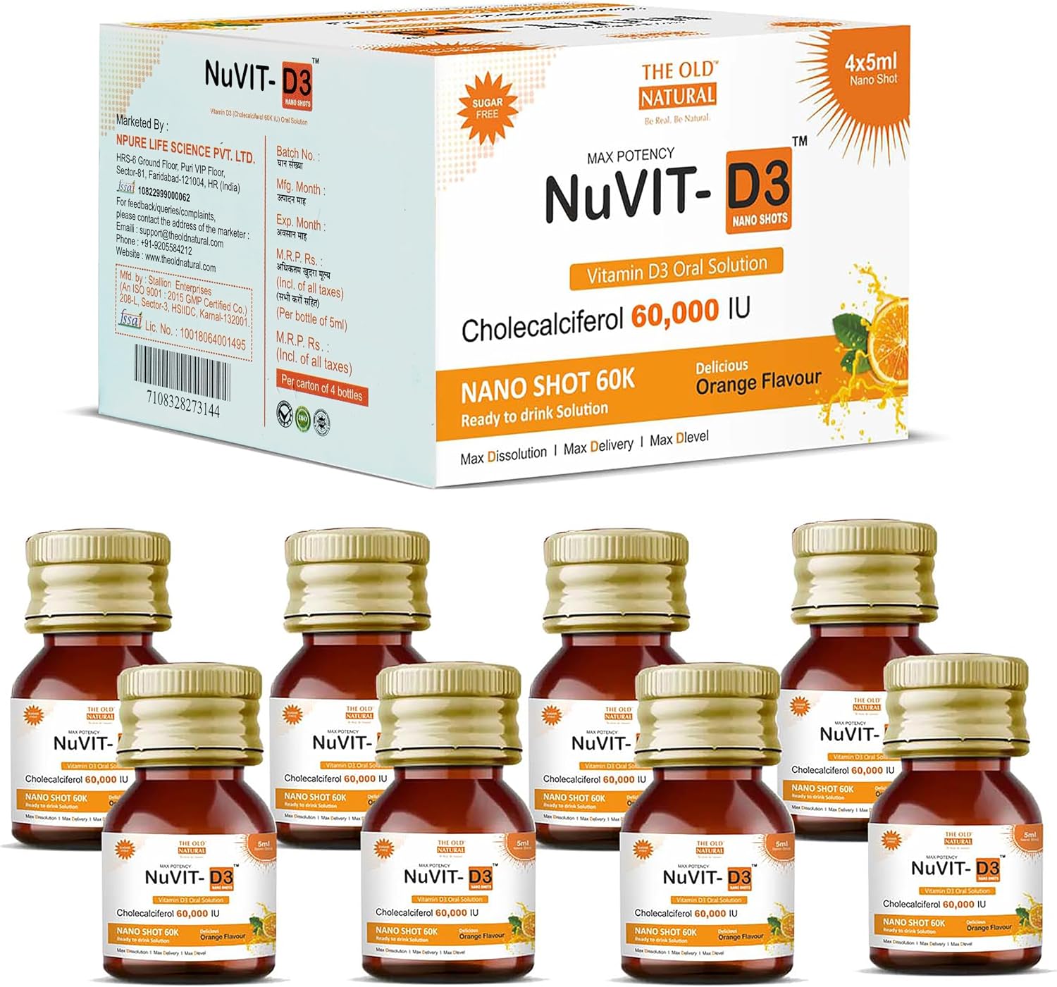 Nuvit D3 Vitamina D3 60000 IU Nano Shots - 8 unidades de 5 ml (Sabor Naranja Sin Azúcar)
