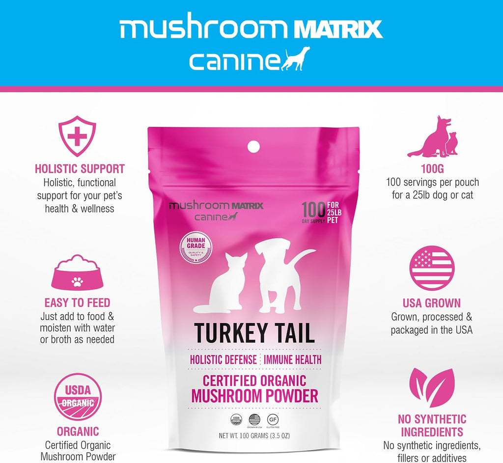 Om Mushroom Matrix Pet Turkey Tail - Polvo de Hongo Orgánico para Perros y Gatos, 100g