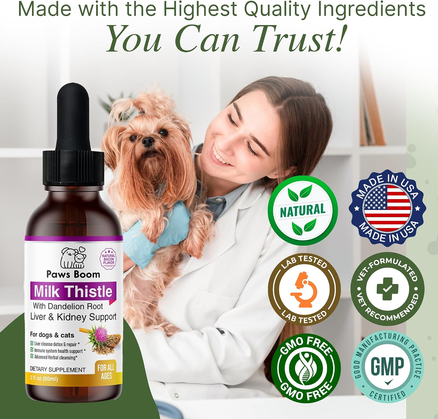 Milk Thistle para Perros y Gatos - Limpieza Hepática y Soporte Renal con Diente de León | Sabor Bacon | 60 ml