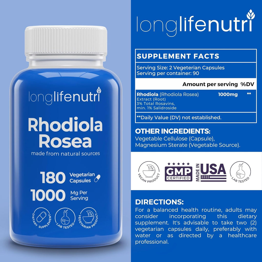 LongLifeNutri Rhodiola Rosea 1000mg, 180 Cápsulas Vegetarianas – Adaptógeno Natural, No Transgénico