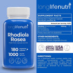 LongLifeNutri Rhodiola Rosea 1000mg, 180 Cápsulas Vegetarianas – Adaptógeno Natural, No Transgénico