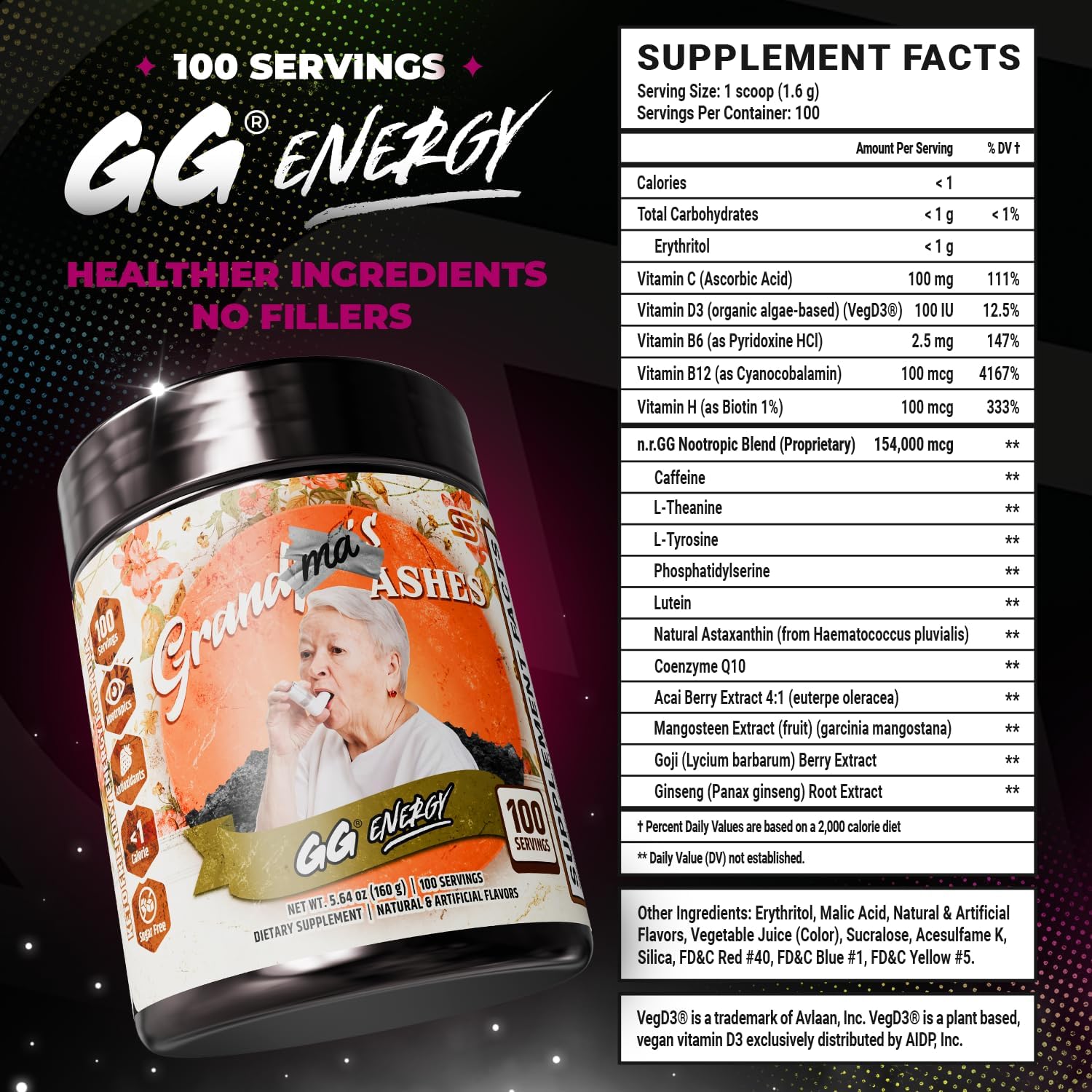 Gamer Supps GG Energy - Grandma's Ashes (100 Servicios) - Mezcla de energía y nootrópicos para gaming, baja en calorías, sin azúcar, con cafeína y vitaminas