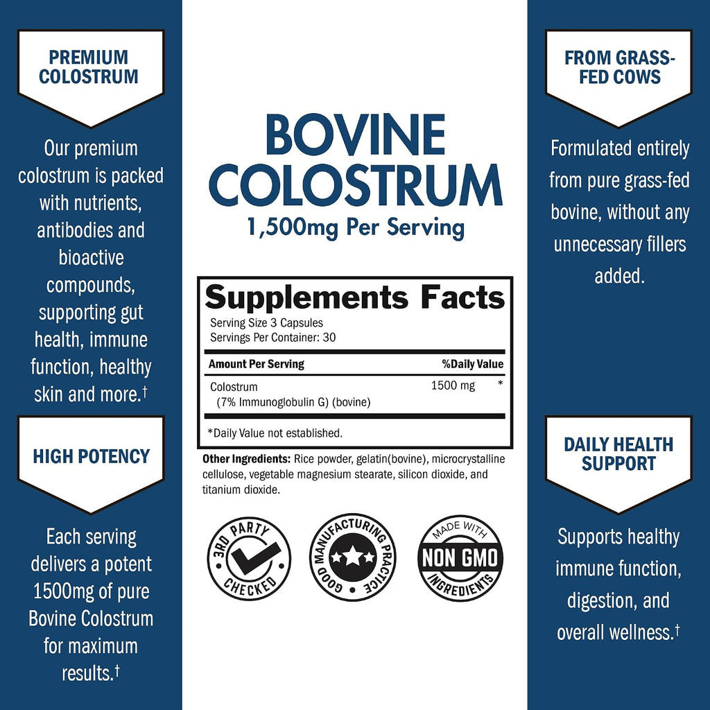 Colostro Bovino Extra Fuerte 1500mg por Dosis – Cápsulas de Colostro de Vaca Alimentada con Pasto – Apoya la Salud Intestinal e Inmunitaria – No-GMO, Sin Gluten, 90 Cápsulas