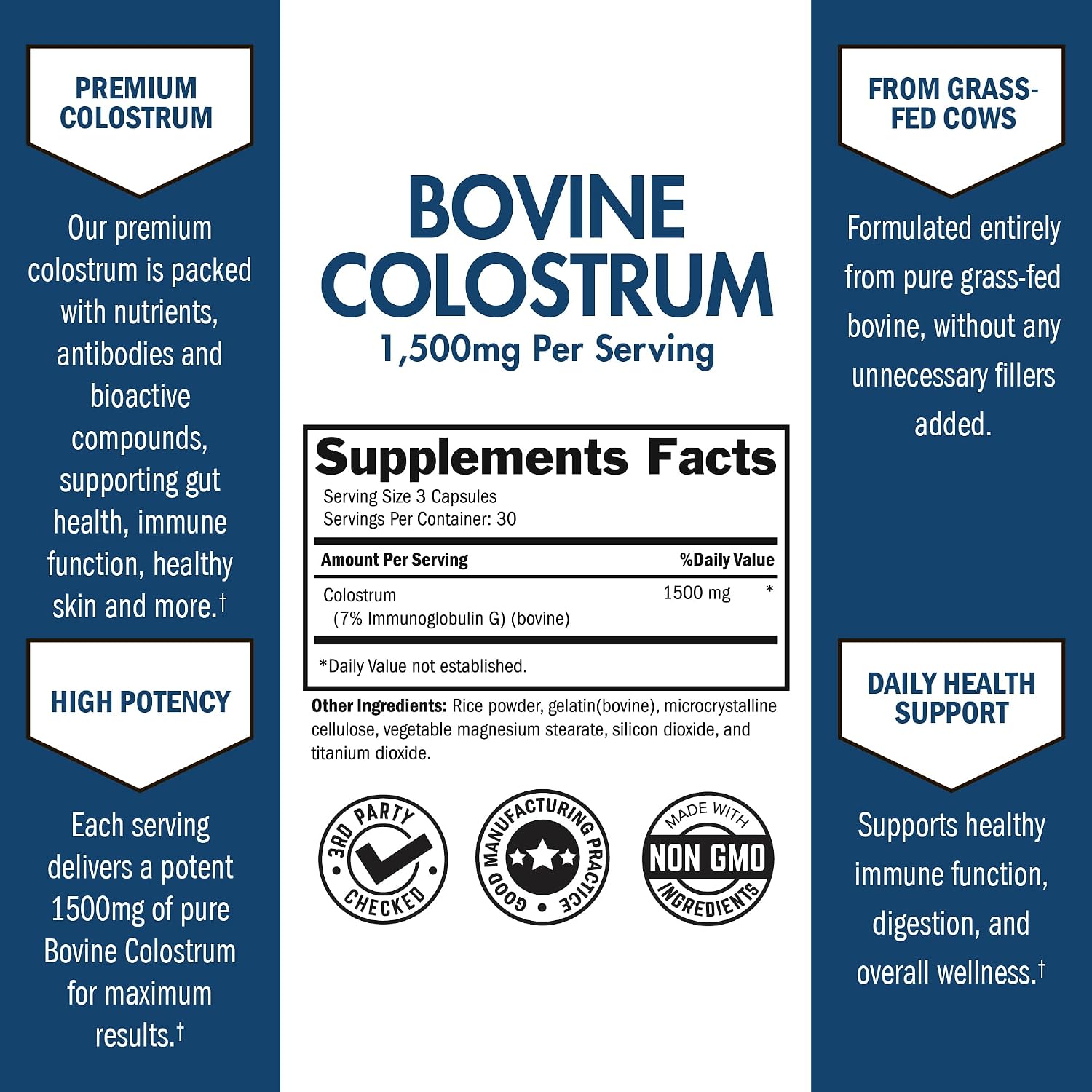 Colostro Bovino Extra Fuerte 1500mg por Dosis – Cápsulas de Colostro de Vaca Alimentada con Pasto – Apoya la Salud Intestinal e Inmunitaria – No-GMO, Sin Gluten, 90 Cápsulas