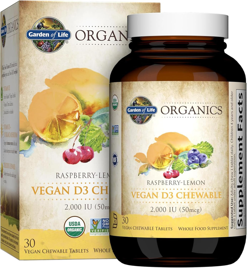 Garden of Life Organics Vitamina D3 Vegana con Hongos Orgánicos - 30 Tabletas Masticables Sabor Limón Frambuesa