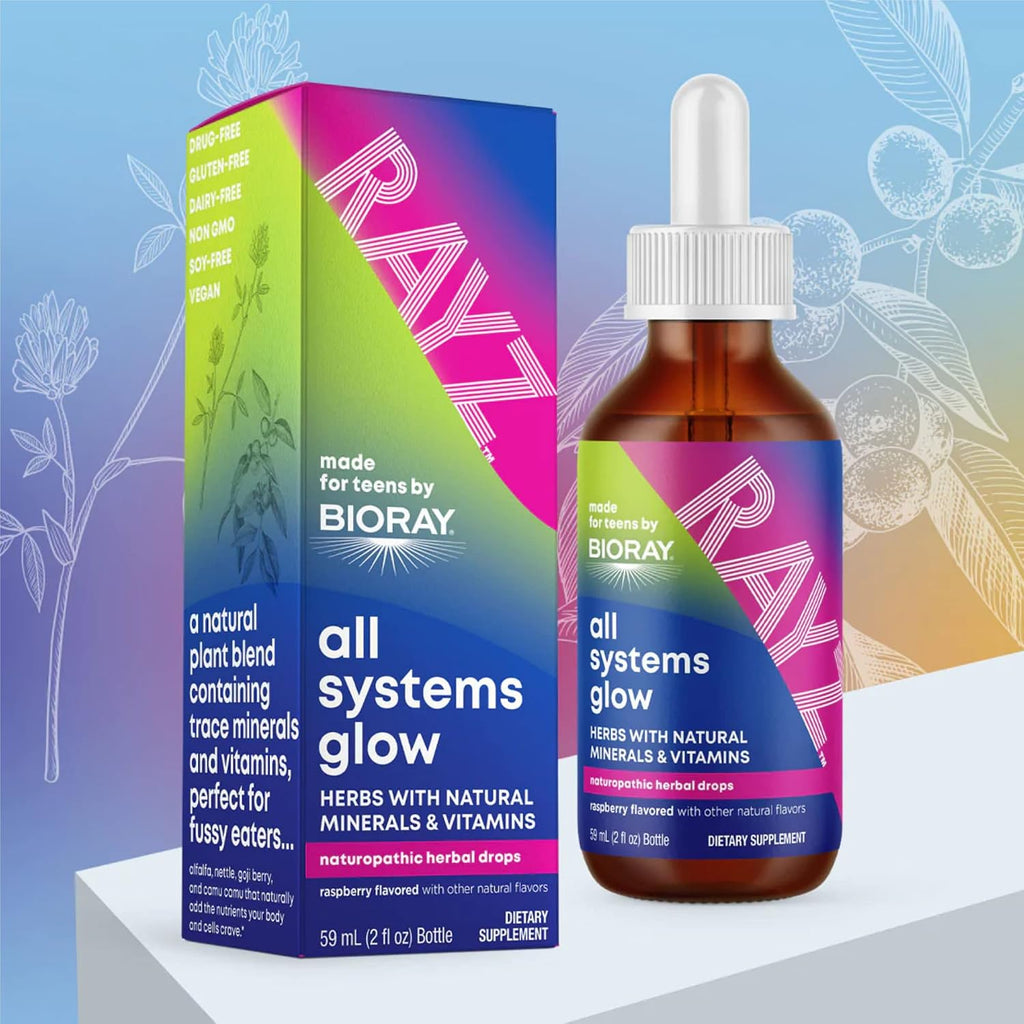BIORAY RAYZ All Systems Glow - Suplemento Multivitamínico para Adolescentes, Sabor Frambuesa - 59 ml