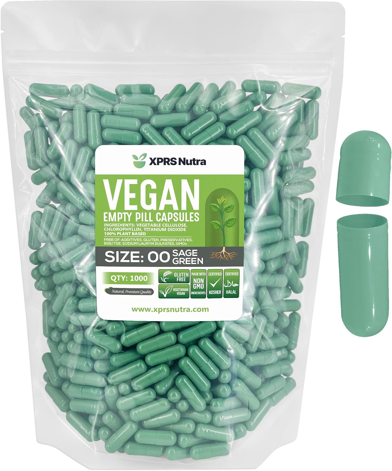 XPRS Nutra Cápsulas Vacías Tamaño 00 - 1000 uds Veganas (Verde Salvia)