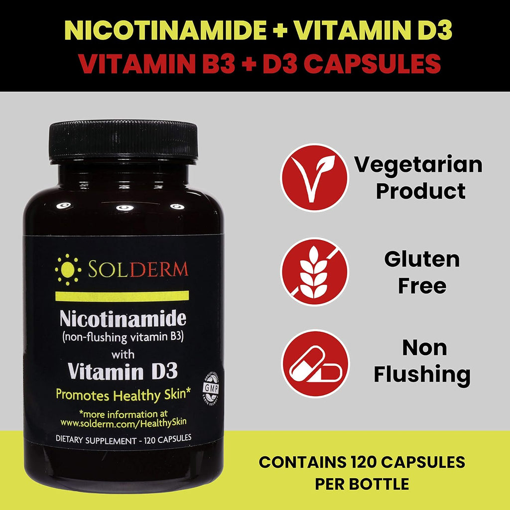 Solderm Nicotinamida y Vitamina D3 - Suplemento sin efecto rubor, 60 cápsulas, 500mg