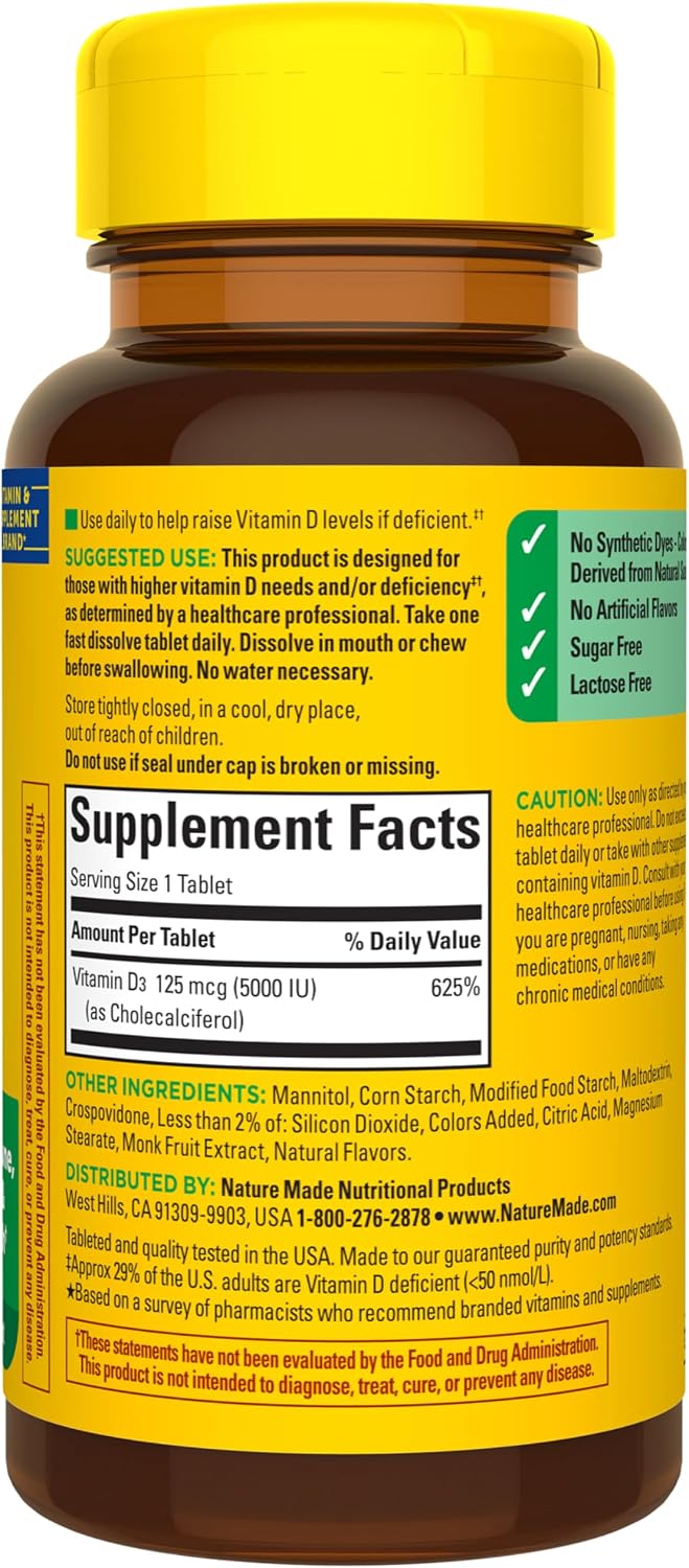 Nature Made Vitamina D3 5000 IU (125 mcg) Extra Strength, Comprimidos Bucodispersables Sin Azúcar, 70 Unidades