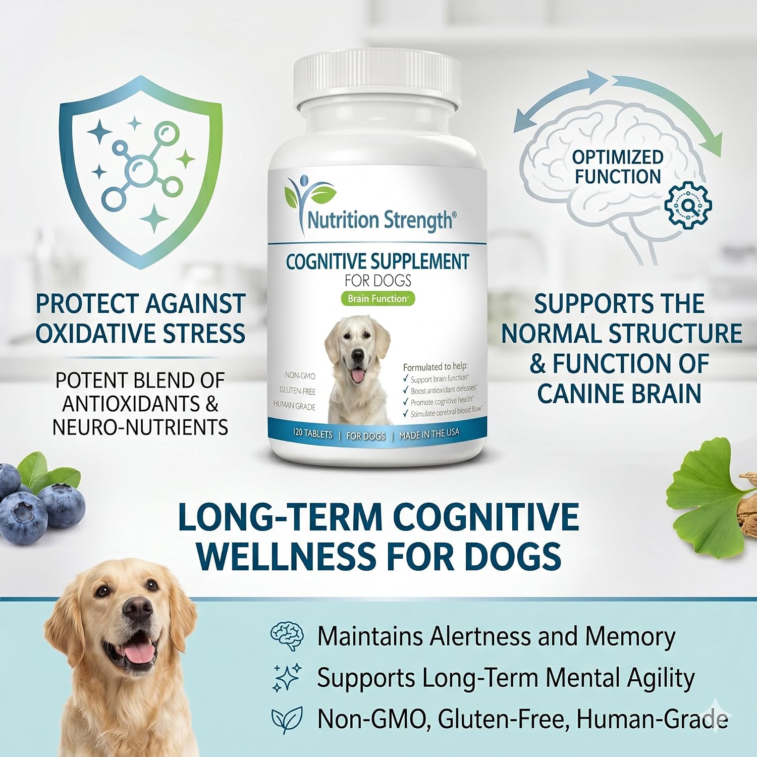 Nutrition Strength Apoyo Cognitivo para Perros – 120 Comprimidos Masticables para la Salud Cerebral y Mental