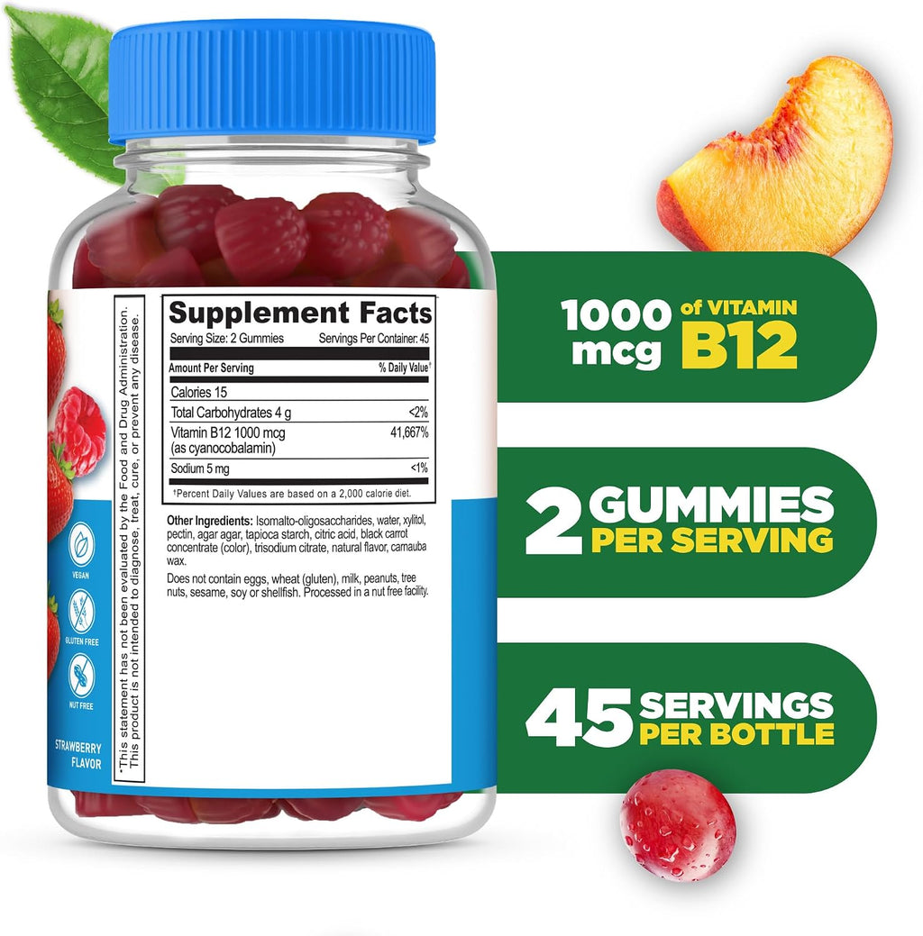Lifeable Gominolas de Vitamina B12 Sin Azúcar | 1000 mcg | Sabor Fresa | Apoyo Energía y Metabolismo | 90 Gominolas