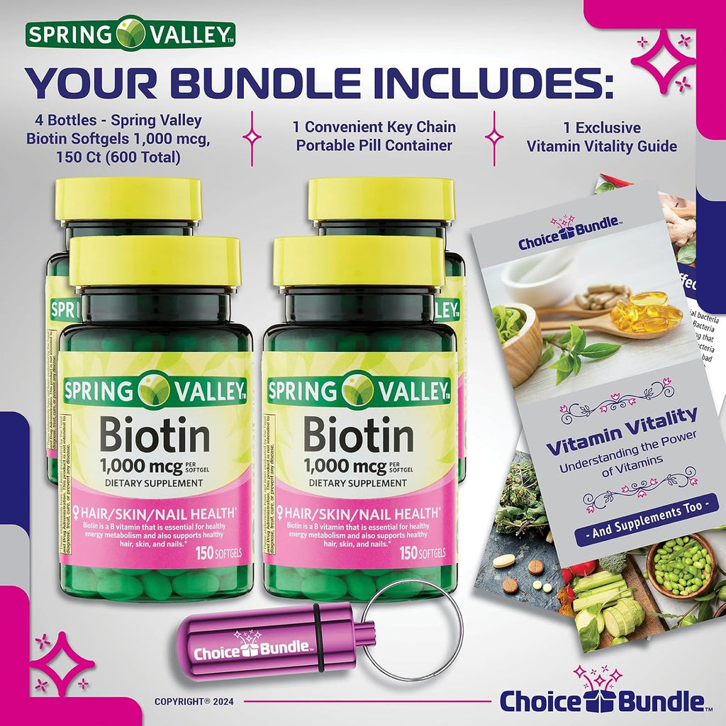 Spring Valley Biotina 1000mcg, 150 Cápsulas Blandas - Paquete de 4 (600 total) + Guía y Pastillero
